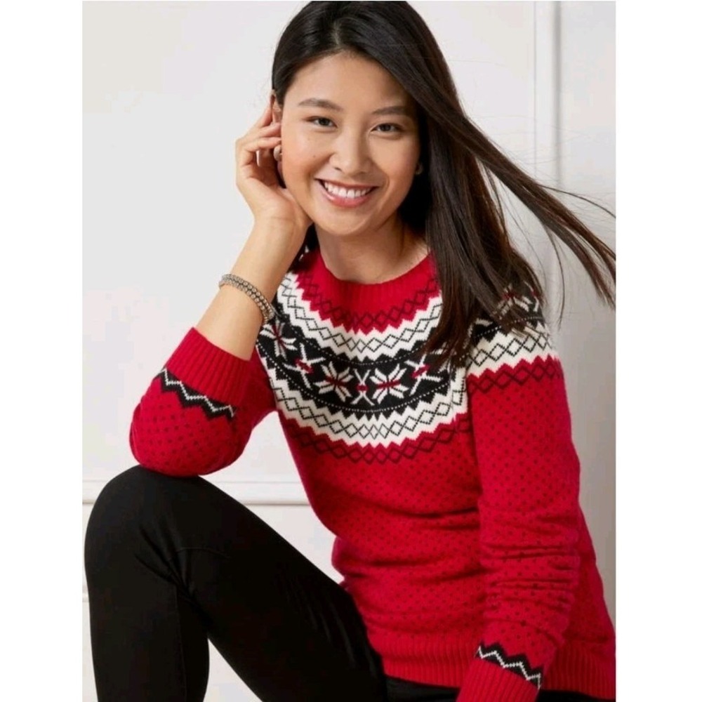 Talbots Holiday Yoke Fair Isle Crewneck Sweater Red Wool Mix Petite Medium